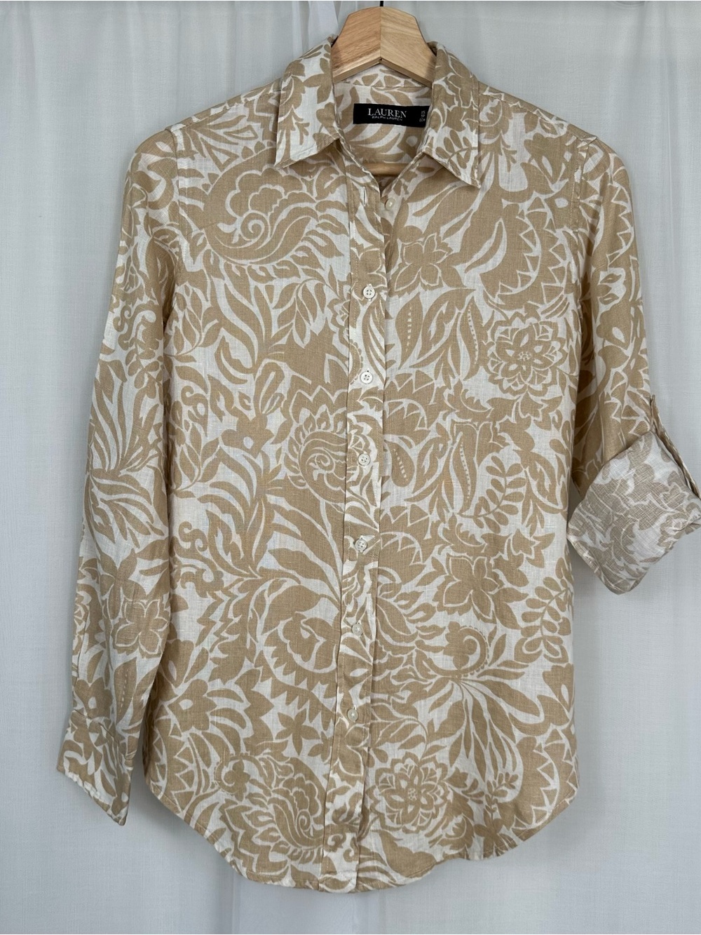 Lauren Ralph Lauren 100% Linen Button Up Long Sleeve Shirt XS Floral Roll Tab